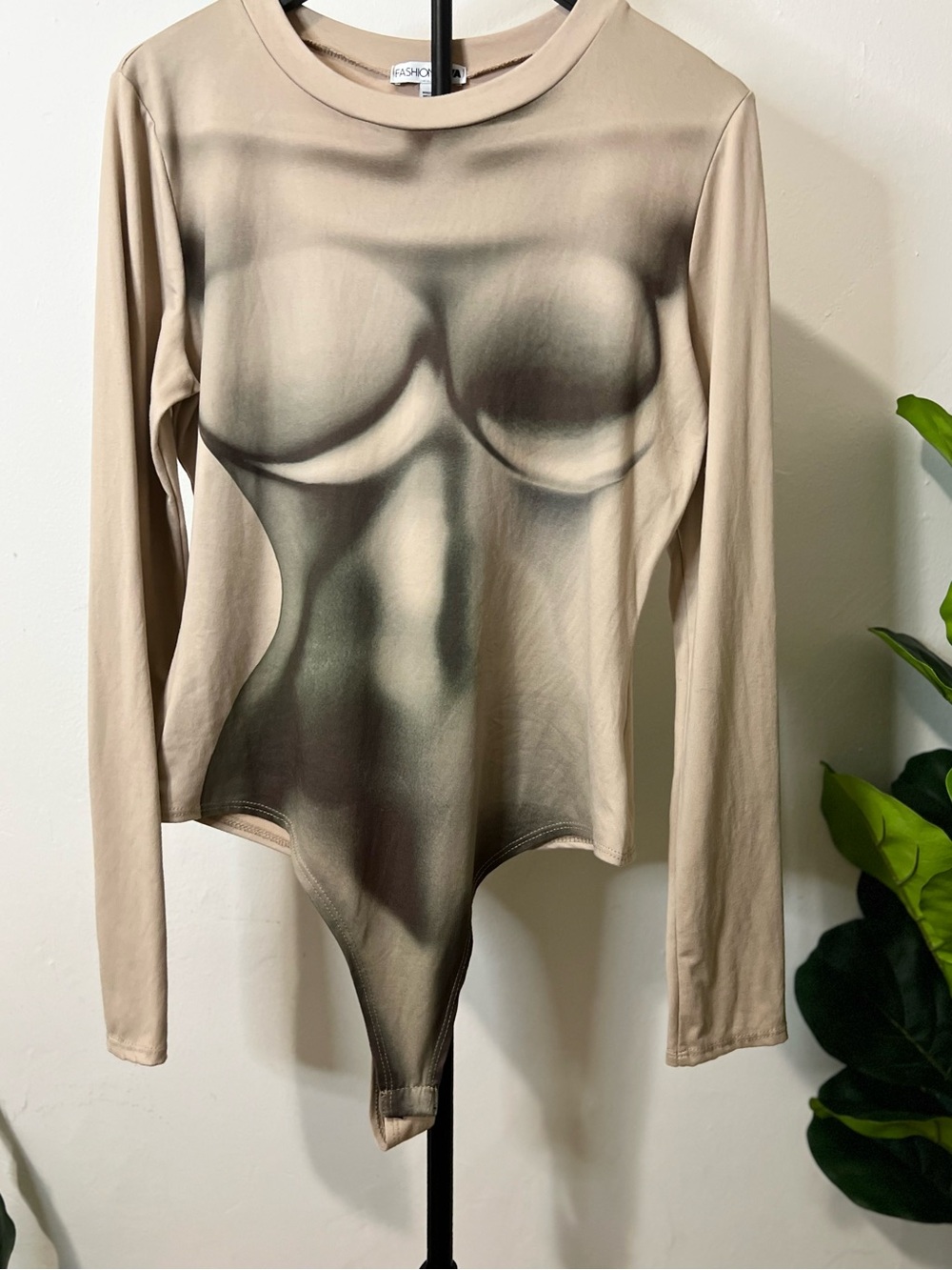 Fashion Nova Illusion Body Print Long Sleeve Bodysuit XL Y2K Nude Clubwear Top